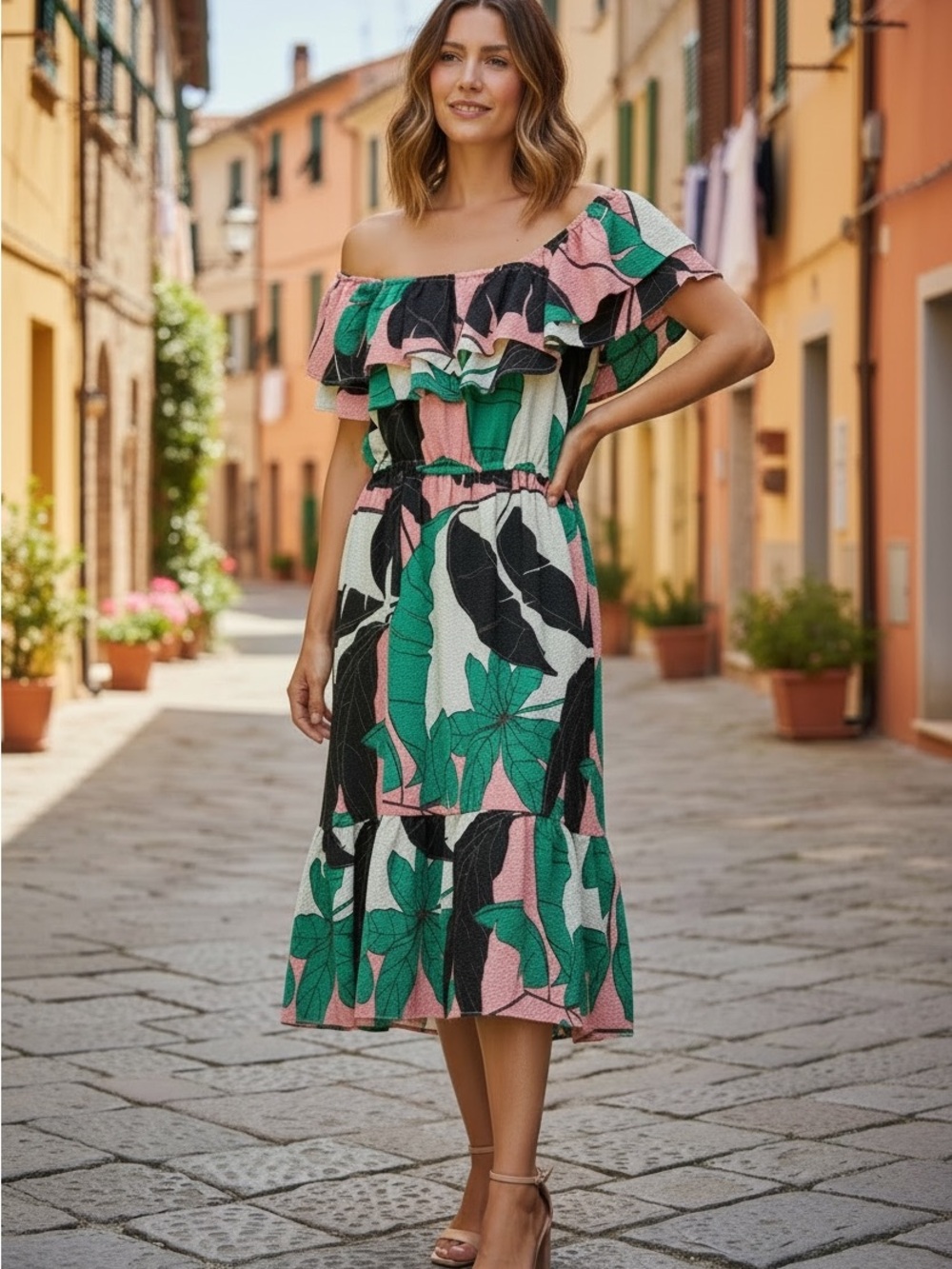 Sexy Sofia Off-Shoulder Green and Pink Floral  Dress